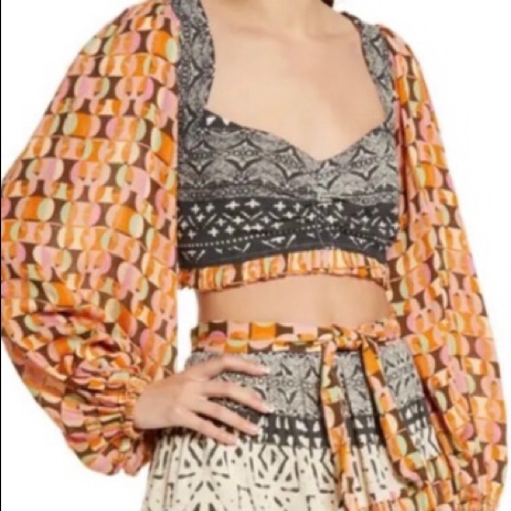 New Free People Naomi Sm Black Orange Midriff Puff Sleeve Mixed Print Crop Top - Picture 6 of 11